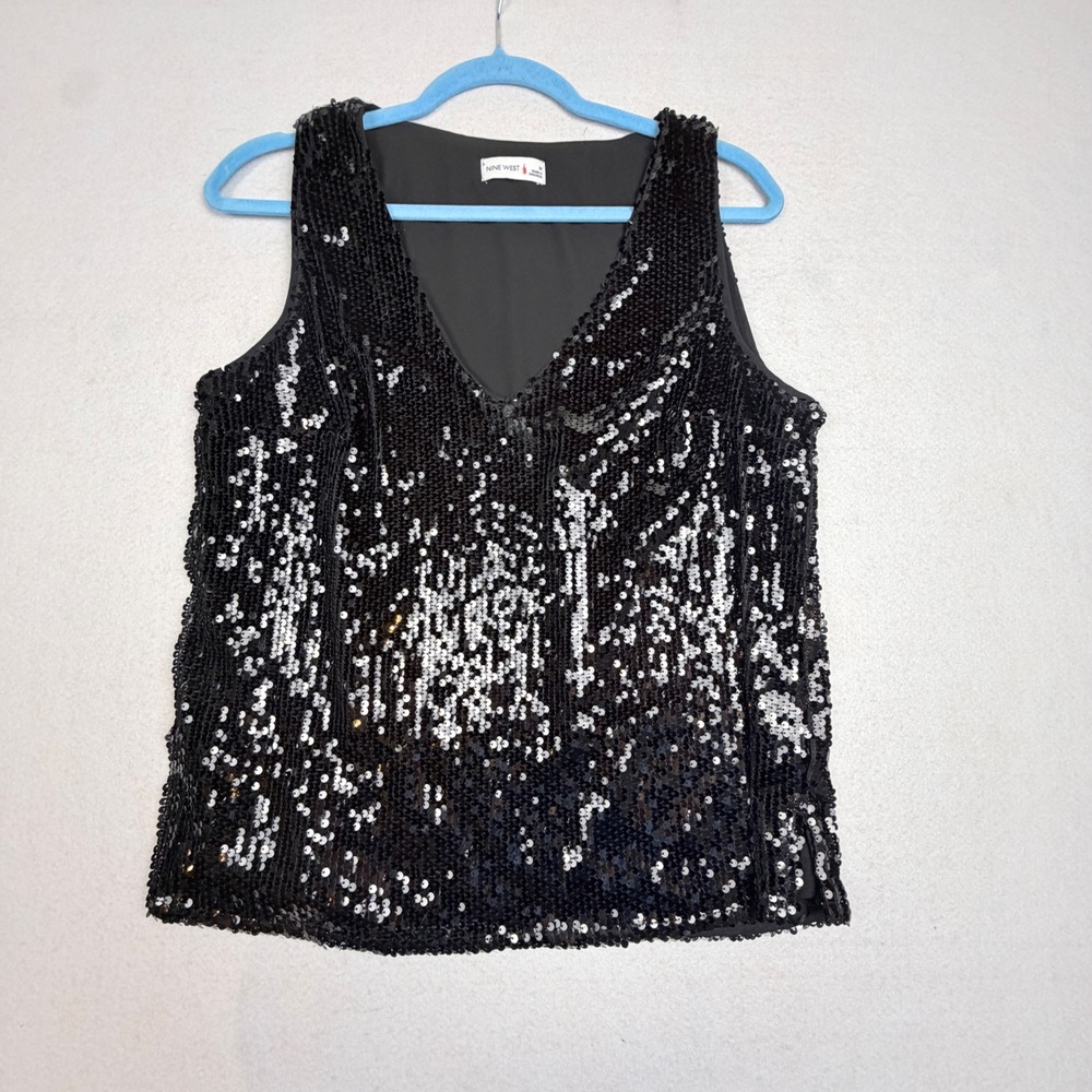 Nine West Womens Black Sequin V-Neck Sleeveless Tank Top Blouse‎ Size M RN73277